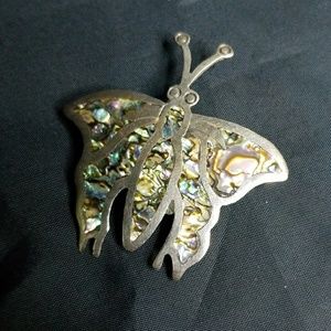 Vintage Taxco Silver Abalone Butterflye Brooch Pin